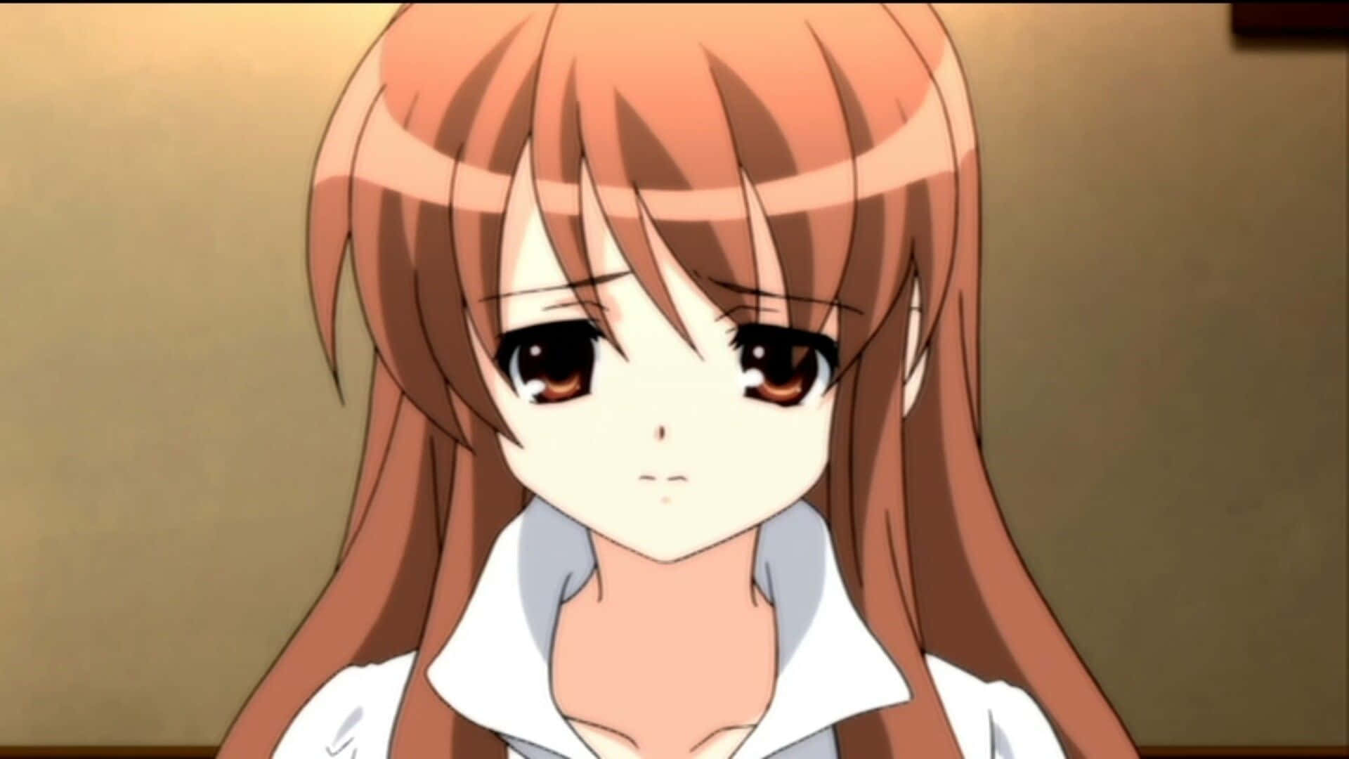 Mikuru Asahina 桌布 壁紙 — 一個動漫女孩的近照，長長嘅棕色頭髮同大嘅棕色眼睛，著住白色有領恤衫。