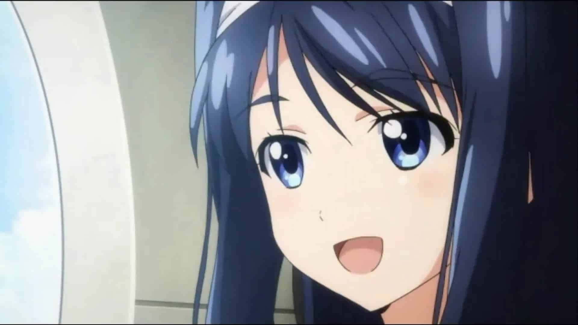 Sumire Kanou 桌布 壁紙 — 一個動漫女孩的近距離特寫，她有深藍色頭髮和明亮的藍色眼睛，嘴巴微微張開，看起來很驚訝。