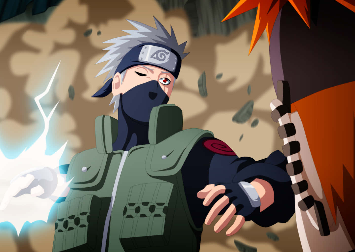 Kakashi And Pain 桌布 壁紙 — 一個動漫忍者，擁有尖刺的白髮和紅色的眼睛，在塵土飛揚的戰場上引導閃電能量。