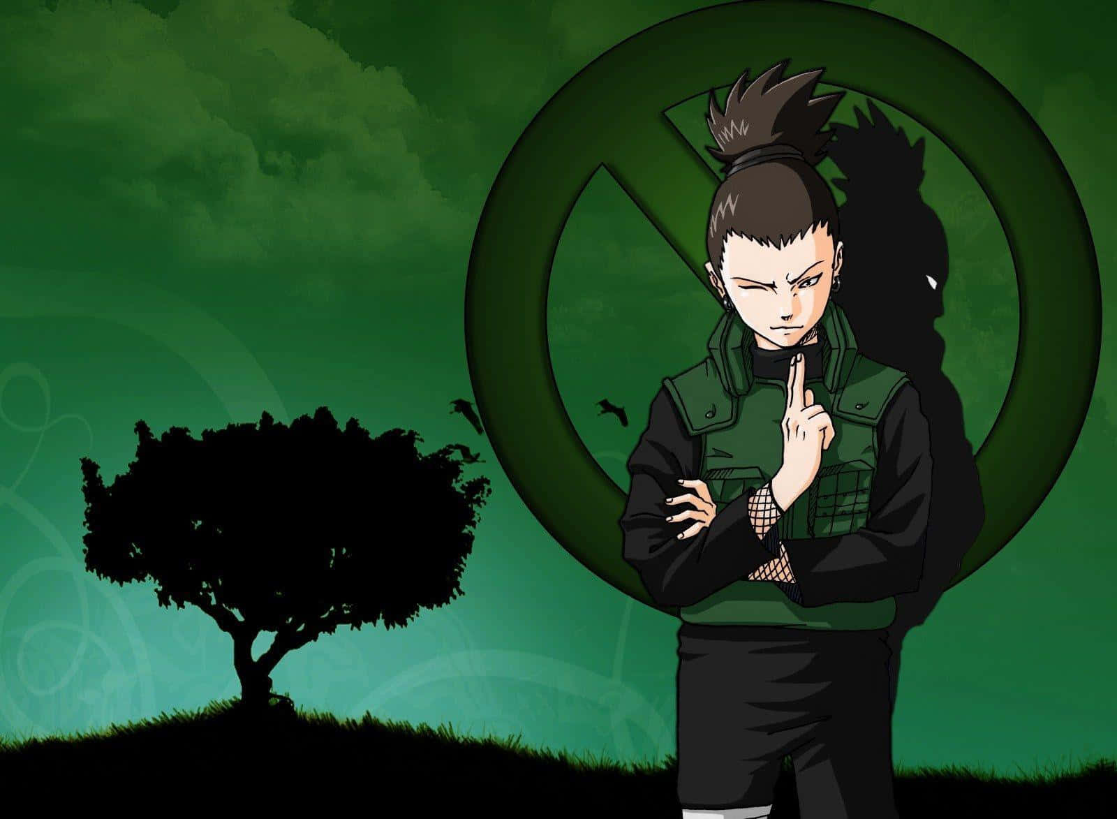 Shikamaru Nara 桌布 壁紙 — 一個動漫忍者，頭髮尖尖，挑釁地站在一個大型綠色圓形符號前，做出手指手勢，背景是陰鬱的綠色和一棵樹的剪影。