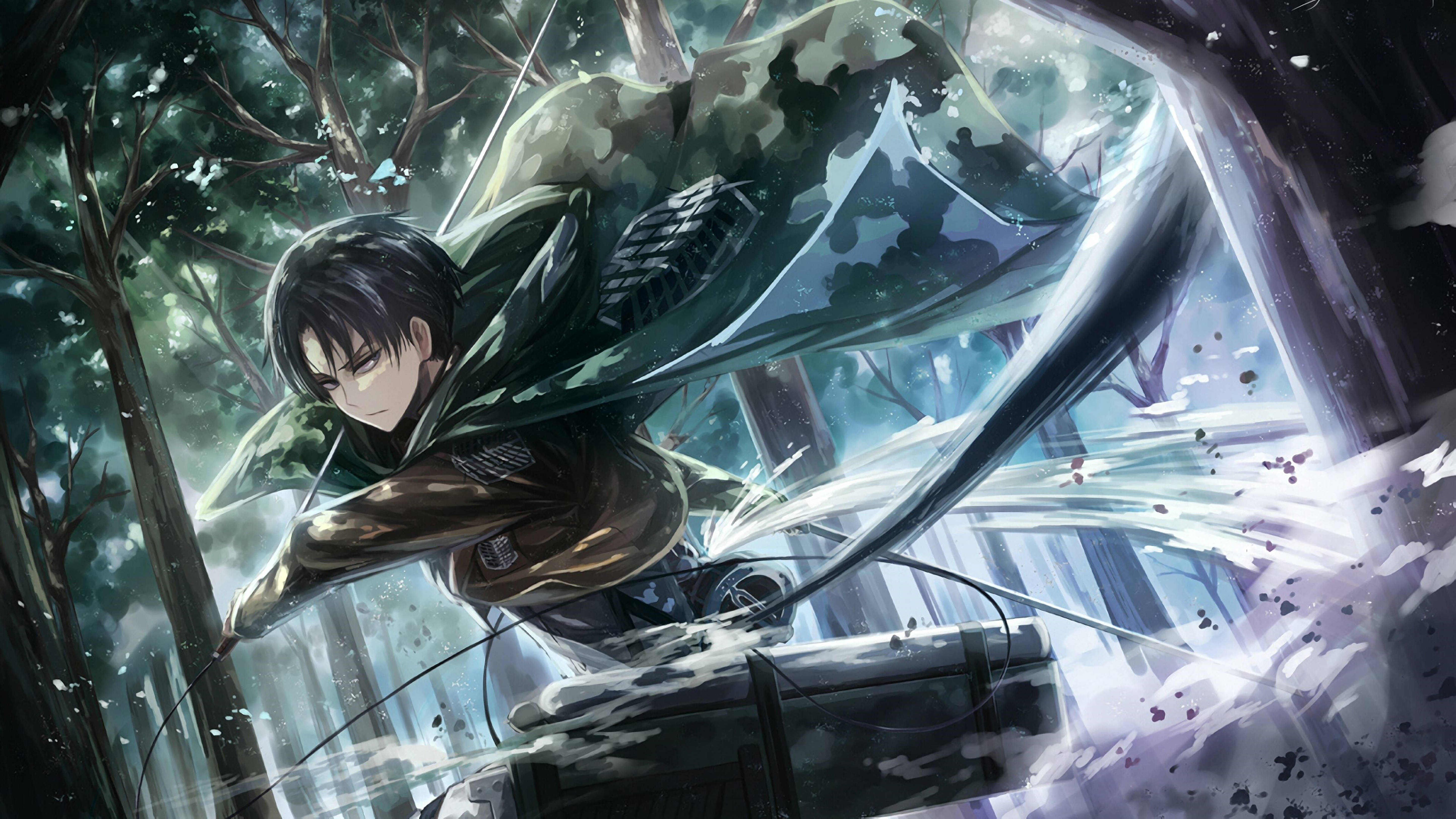 Eren 桌布 壁紙 — 一個動漫戰士在森林中使用機動裝置，以動態動作在樹木間擺盪，雪花在他周圍飛舞。