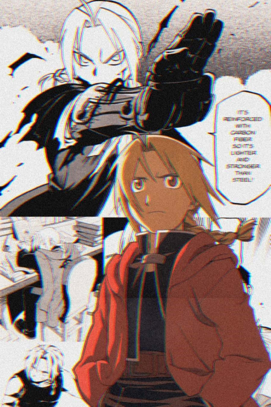 edward elric 桌布 壁紙 — 一個動漫漫畫面板顯示一個金髮角色穿著紅色外套，抬頭看著一個穿著黑色盔甲的白髮戰士，並有一個關於碳纖維的對話氣泡。