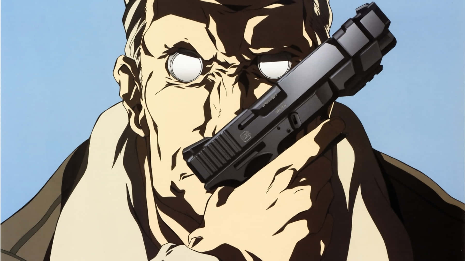 Ghost In The Shell Batou 桌布 壁紙 — 一個動漫男子，擁有強烈的白色眼睛，對準清澈的藍天瞄準一把黑色手槍。