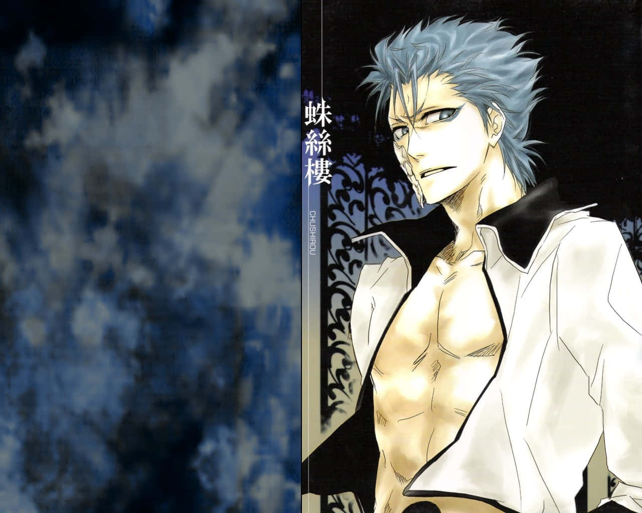 Grimmjow Jaegerjaquez 桌布 壁紙 — 一個動漫男子，頭髮尖刺，皮膚蒼白，眼神銳利，直視前方，白色襯衫半開，露出胸膛，背景是深藍色多雲的天空。