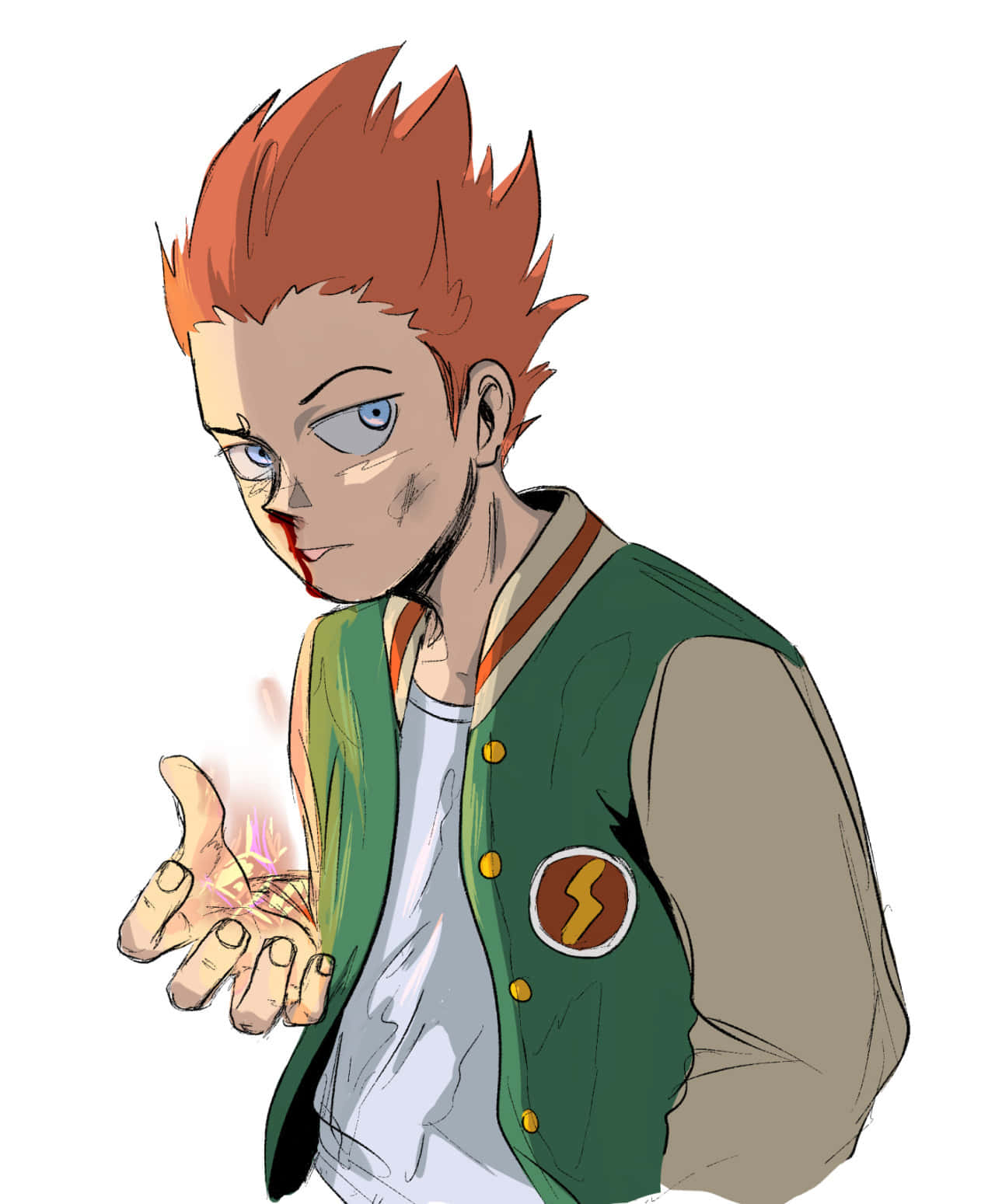 Sho Suzuki 桌布 壁紙 — 一個動漫男孩，頭髮尖刺，嘴唇流血，臉部瘀傷，穿著綠色校隊外套，從手掌中引導發光的能量。