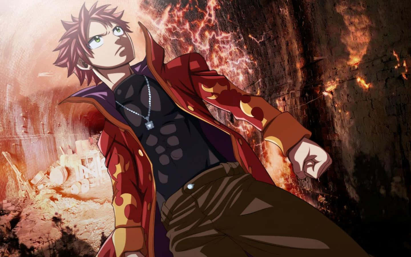 natsu dragneel 桌布 壁紙 — 一個動漫男孩，頭髮尖刺，身穿紅色外套，在燃燒的廢墟中站著，眼睛發光，充滿挑釁。