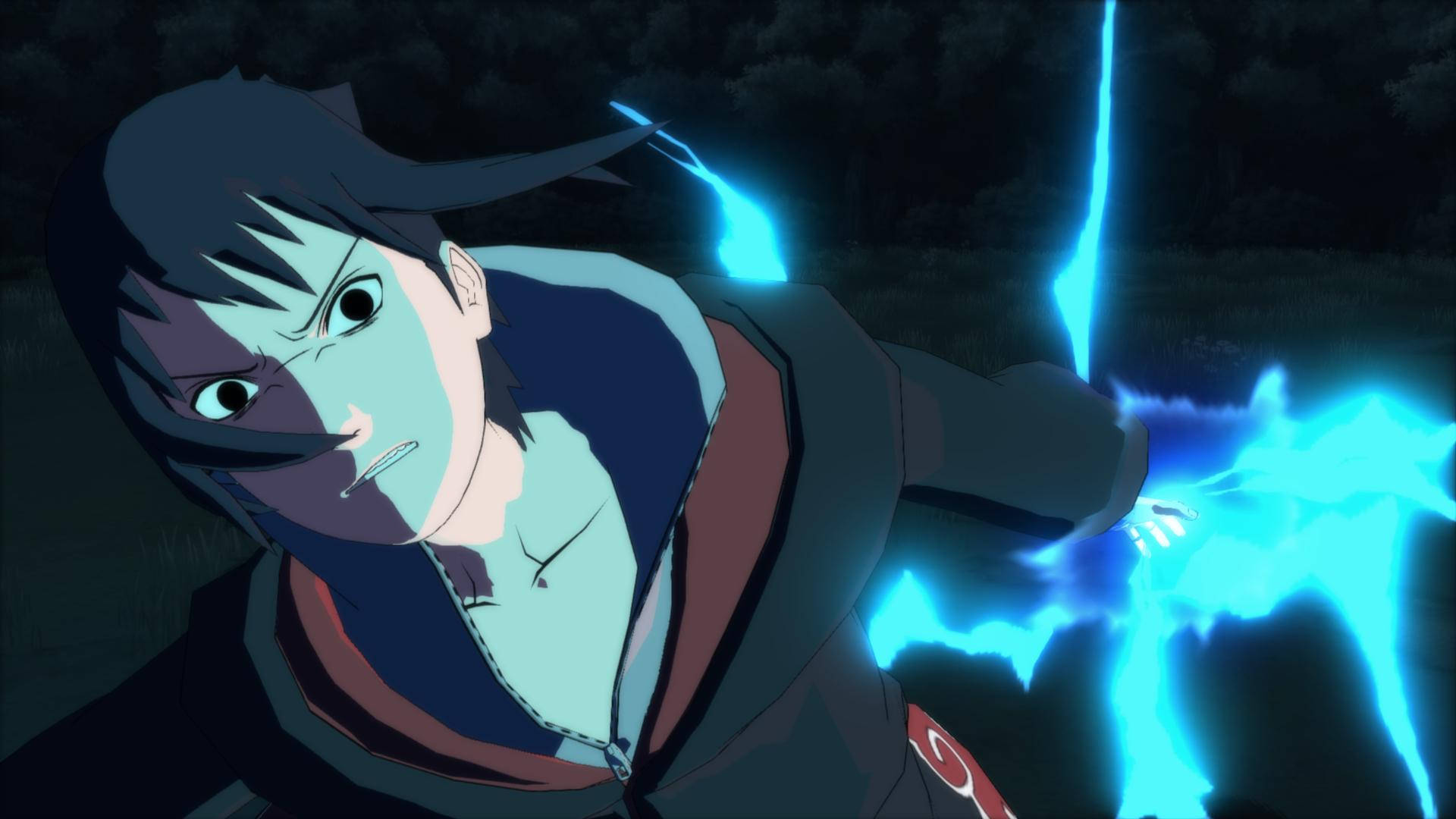 Sasuke Athan 4K 壁紙 — 一個動漫角色，半邊臉發出藍光，在夜晚的黑暗森林中引導電藍色查克拉。