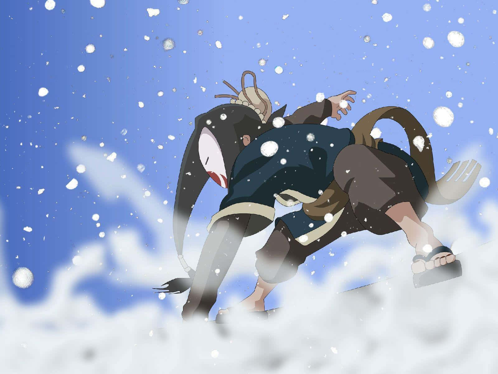 Naruto Haku 桌布 壁紙 — 一個動漫角色，戴著長長的黑色連帽衫，紅色的嘴巴，在明亮的藍天下穿過飄落的雪花。