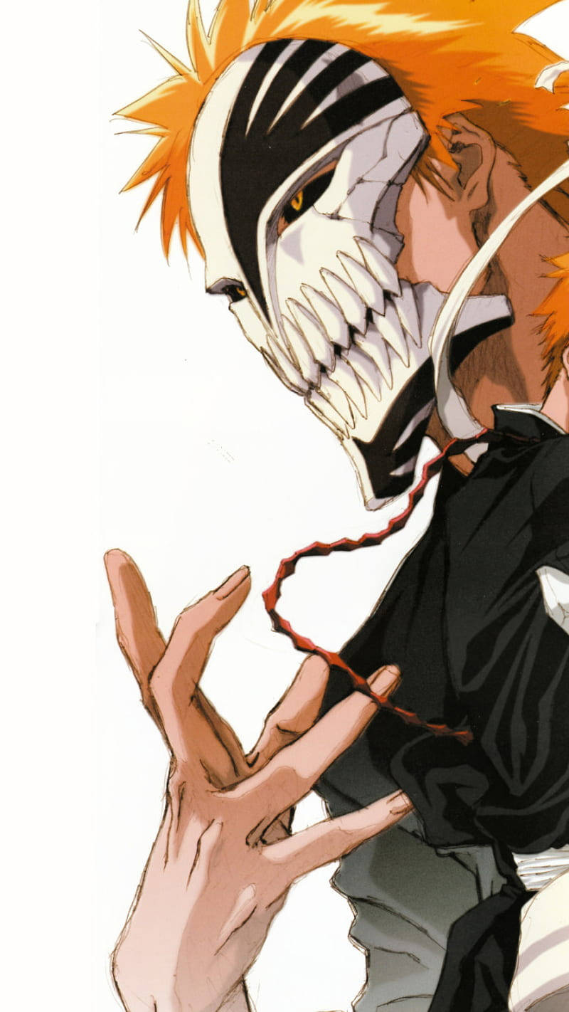 Bleach iPhone 桌布 壁紙 — 一個動漫角色，擁有尖刺橙色頭髮和白色骷髏面具，在純白色背景前拿著一條紅繩。