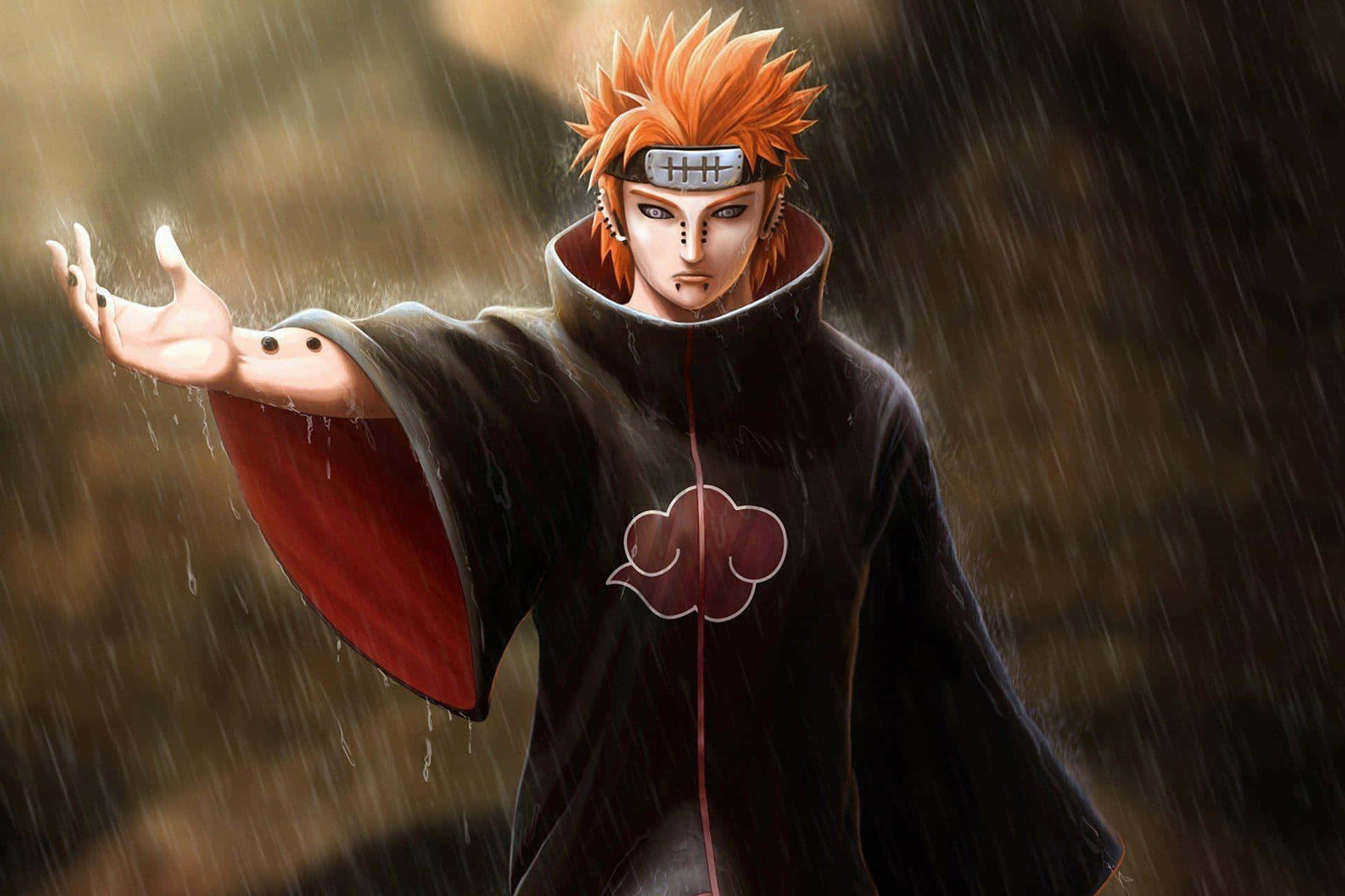 Akatsuki Yahiko 桌布 壁紙 — 一個動漫角色，擁有尖刺的橙色頭髮和紅色雲朵斗篷，在傾盆大雨中伸出手站立。