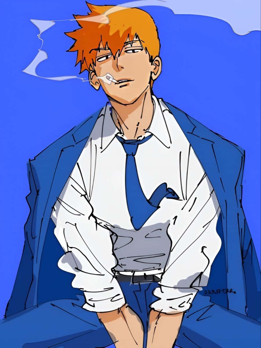 Arataka Reigen 桌布 壁紙 — 一個動漫角色，擁有尖刺的橙色頭髮，在純藍色背景上抽煙。