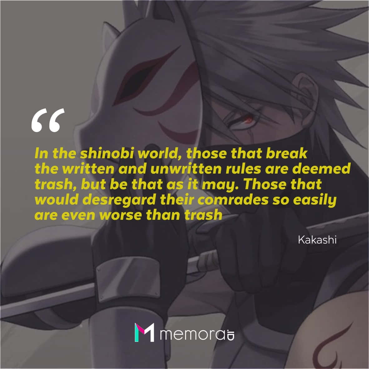 Kakashi Quotes 桌布 壁紙 — 一個動漫角色，擁有尖刺的灰色頭髮和紅色眼睛，手持一個戴面具的狐狸頭，同時卡卡西的語錄以黃色文字顯示。