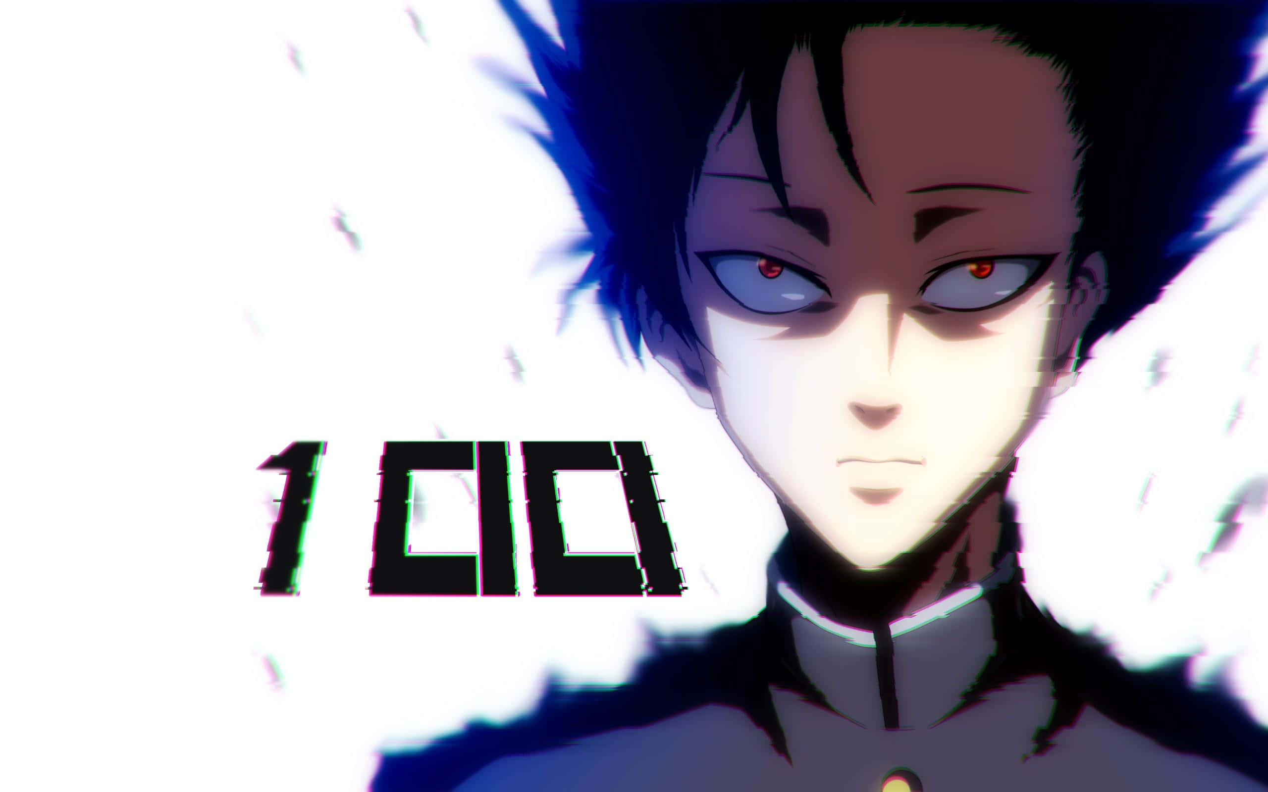 Shigeo Kageyama 桌布 壁紙 — 一個動漫角色，擁有尖刺的藍色頭髮和發光的紅色眼睛，在明亮的白色背景上帶有故障文字，強烈地凝視著。