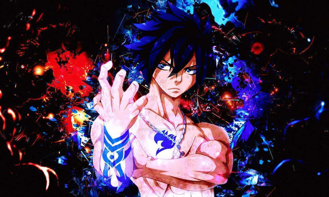 Gray Fullbuster 桌布 壁紙 — 一個動漫角色，擁有尖刺的藍色頭髮和發光的眼睛，在紅色和藍色能量爆發的混亂背景中伸出手。