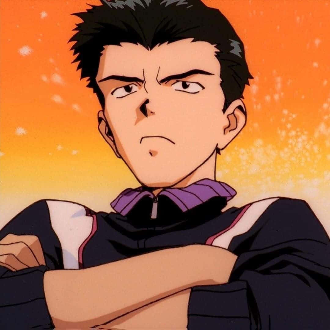 Toji Suzuhara 桌布 壁紙 — 一個動漫角色，擁有尖刺黑髮和嚴肅表情，雙臂交叉站立在溫暖的橙色日落背景前。