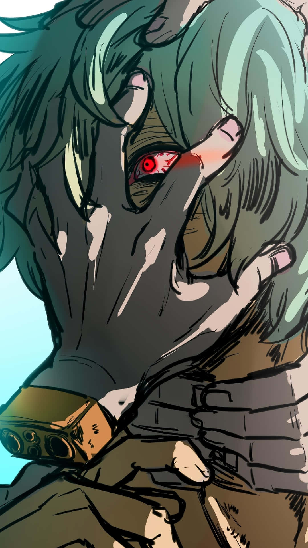 Tomura Shigaraki 桌布 壁紙 — 一個動漫角色，擁有青色頭髮和紅色發光的眼睛，戴著手套的手遮住臉，背景是淺藍色。