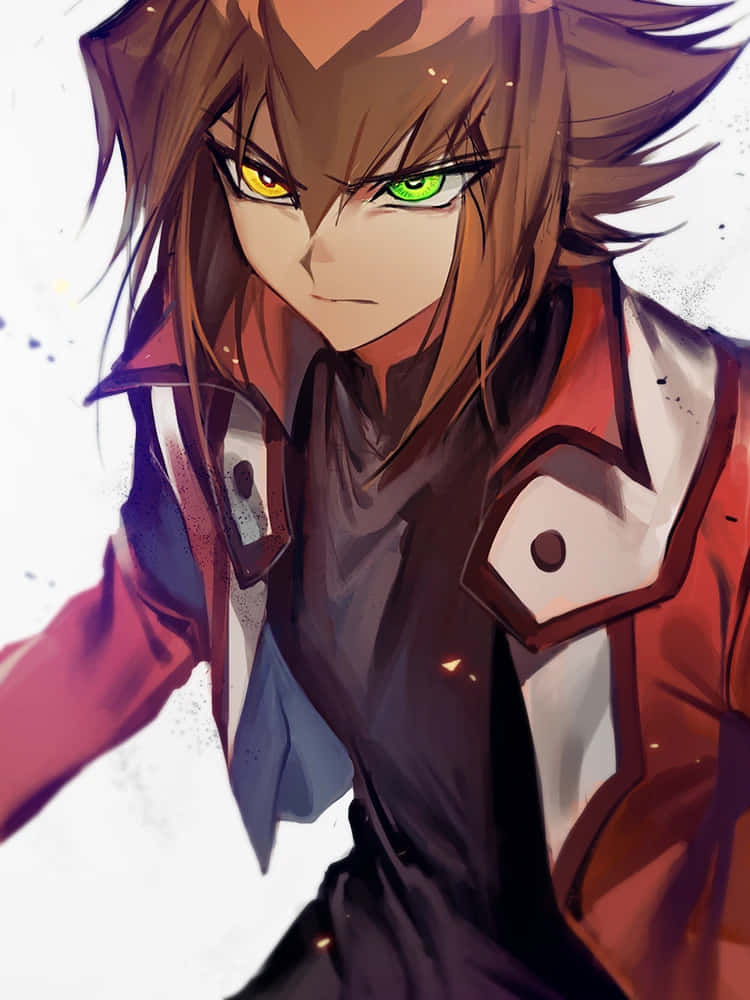 Jaden Yuki 桌布 壁紙 — 一個動漫角色，有著不對稱的黃色和綠色眼睛，穿著紅白夾克，凝視著。
