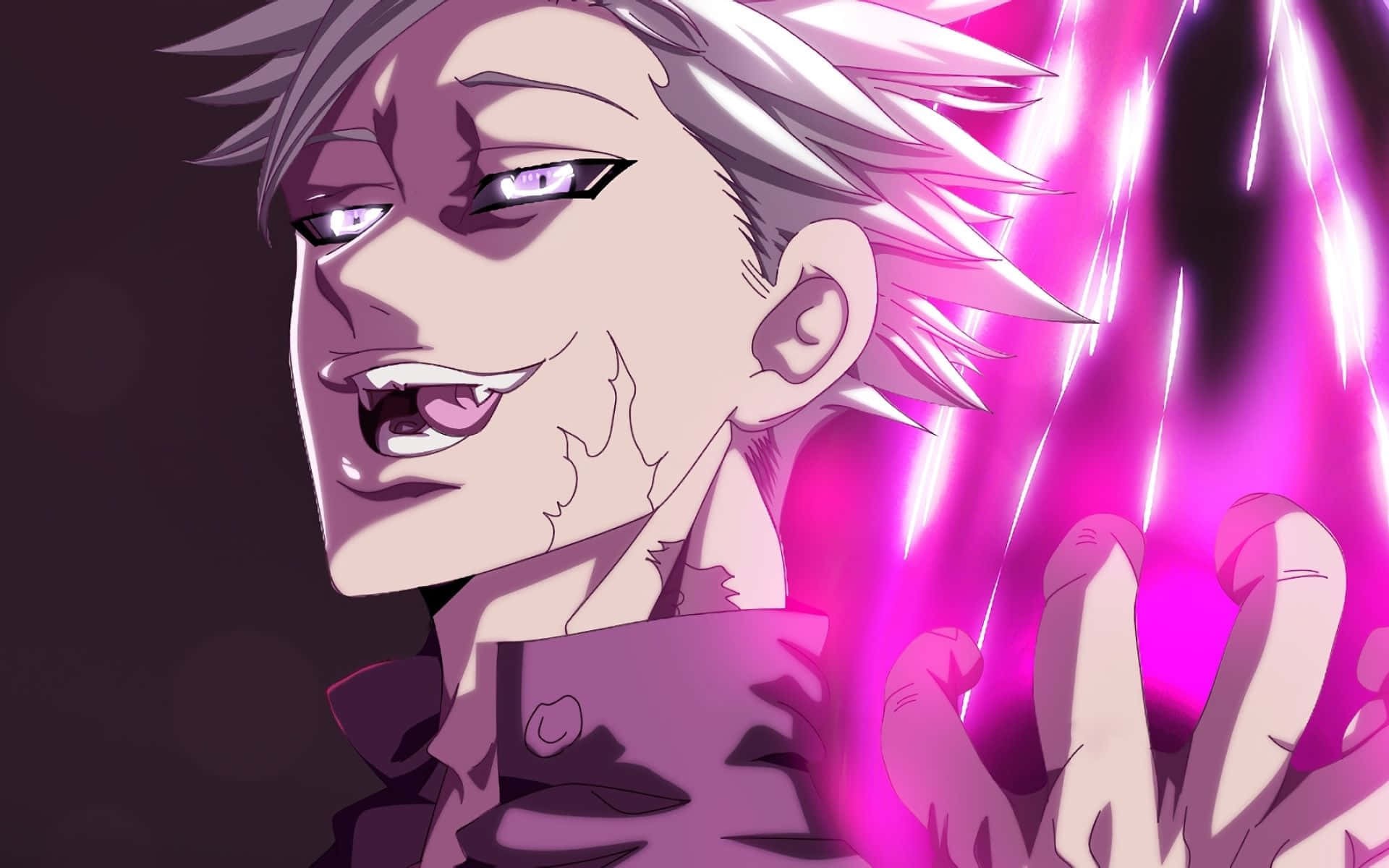 Seven Deadly Sins Ban 桌布 壁紙 — 一個動漫角色，有著尖刺的白髮和發光的紫色眼睛，從伸出的手中引導出充滿活力的粉紅色能量。