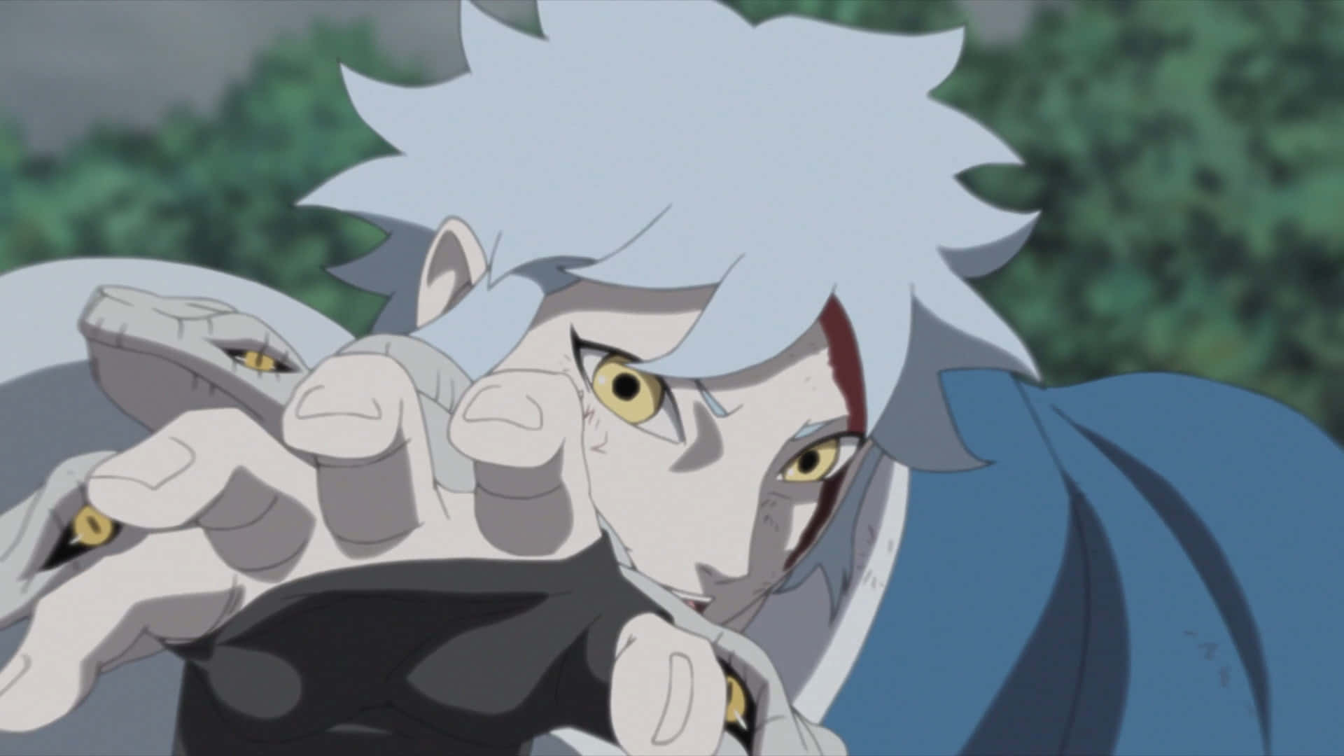 Mitsuki 桌布 壁紙 — 一個動漫角色，有著尖刺的白髮和黃色的眼睛，以緊張、專注的姿勢抓住一條蛇狀生物。
