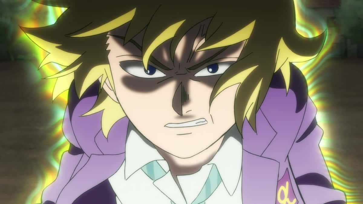 Teruki Hanazawa 桌布 壁紙 — 一個動漫角色，有著尖刺的黃色頭髮和強烈的藍色眼睛，在發光的綠色和黃色光環中兇狠地瞪視。
