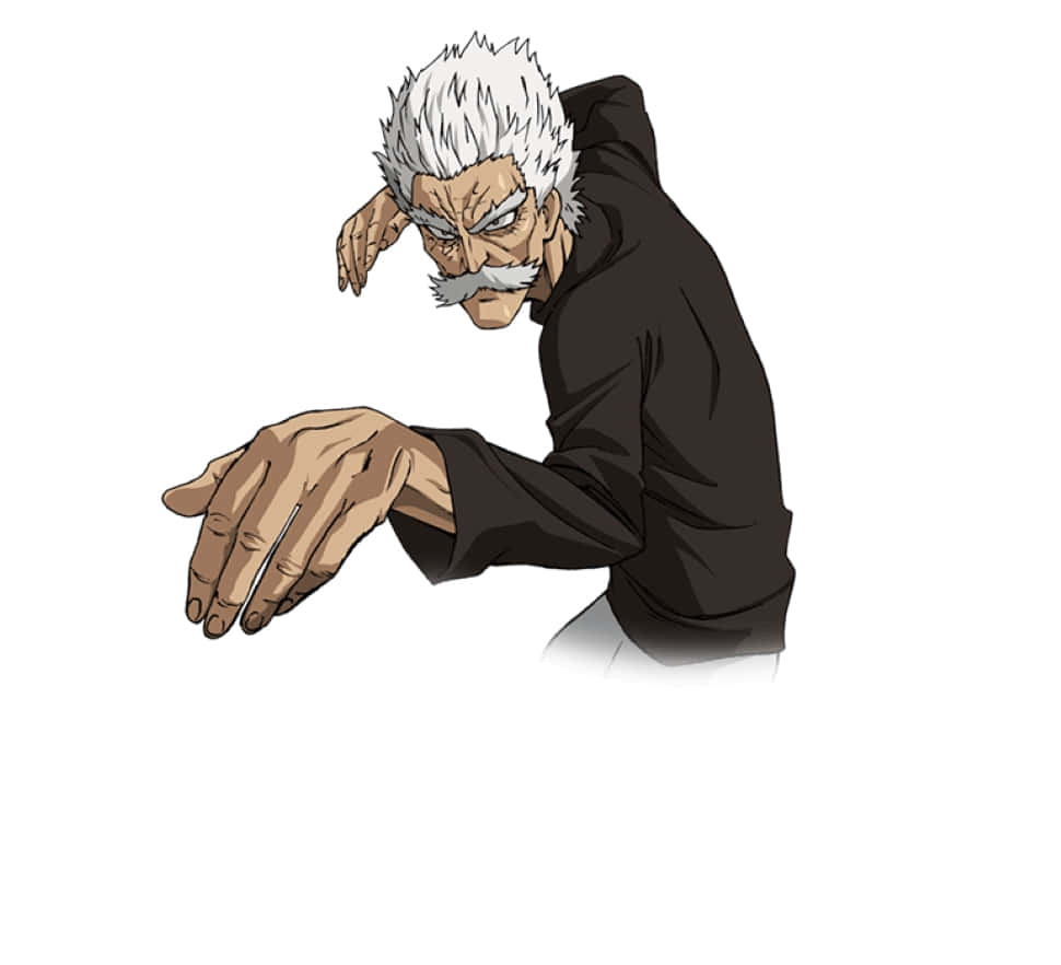 One Punch Man Bang 桌布 壁紙 — 一個動漫角色，白色尖刺頭髮和鬍鬚，向前傾，姿勢緊張，穿著黑色連帽衫。