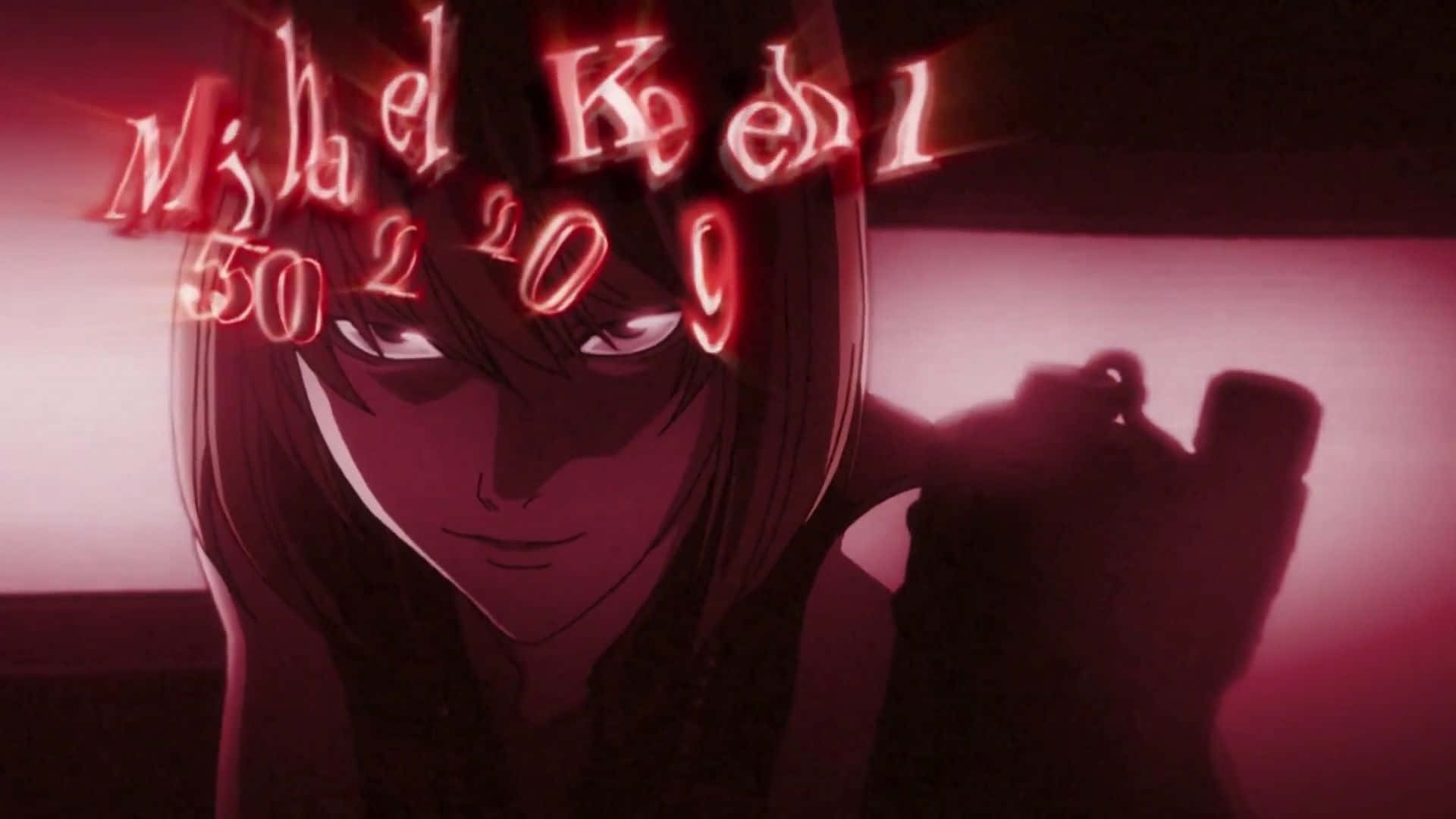 Death Note Mello 桌布 壁紙 — 一個動漫角色，頭頂上有發光的紅色文字，場景為暗紅色燈光。