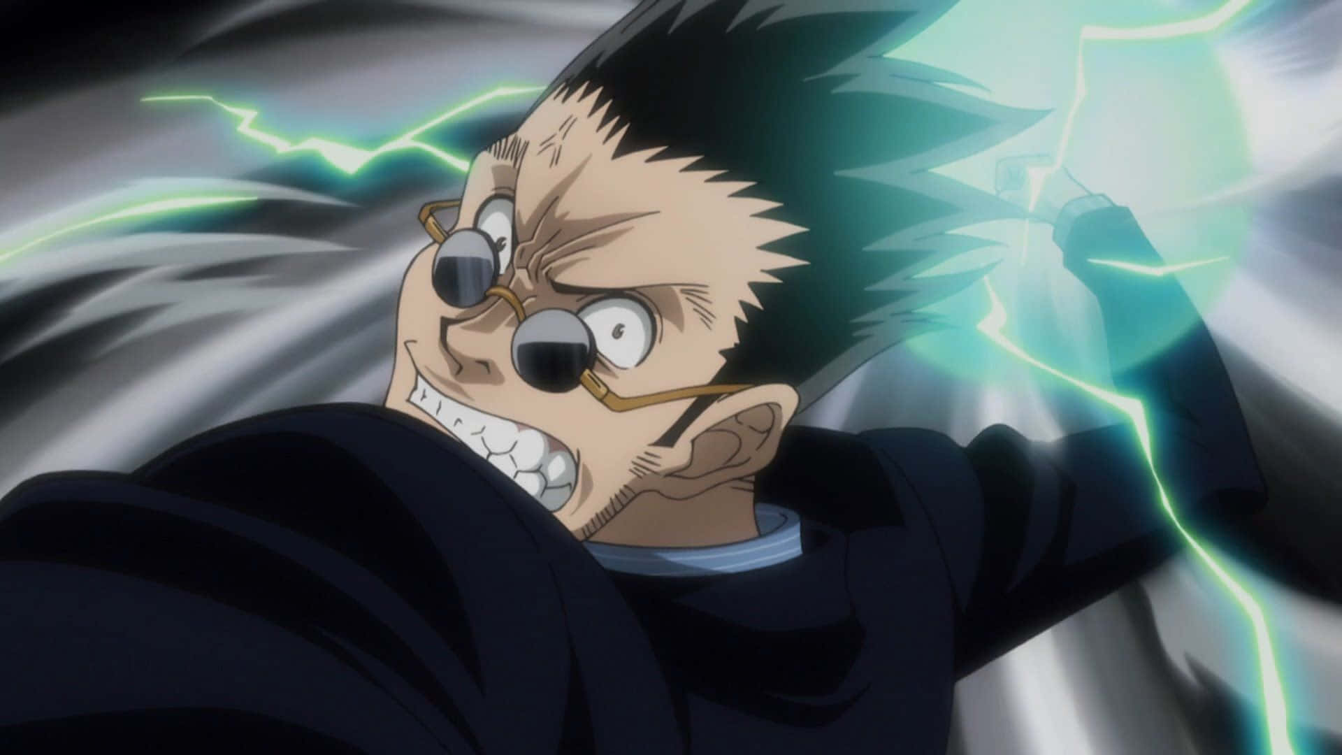 Leorio Paradinight 桌布 壁紙 — 一個動漫角色，頭髮尖刺，戴著眼鏡，在旋轉的黑暗背景中，從舉起的拳頭釋放出發光的綠色閃電。
