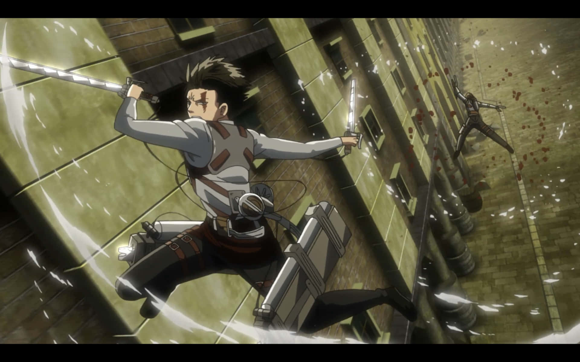 Attack On Titan Season 3 桌布 壁紙 — 一個動漫角色在墜落的碎片和血跡中，拔劍穿梭於城市景觀。