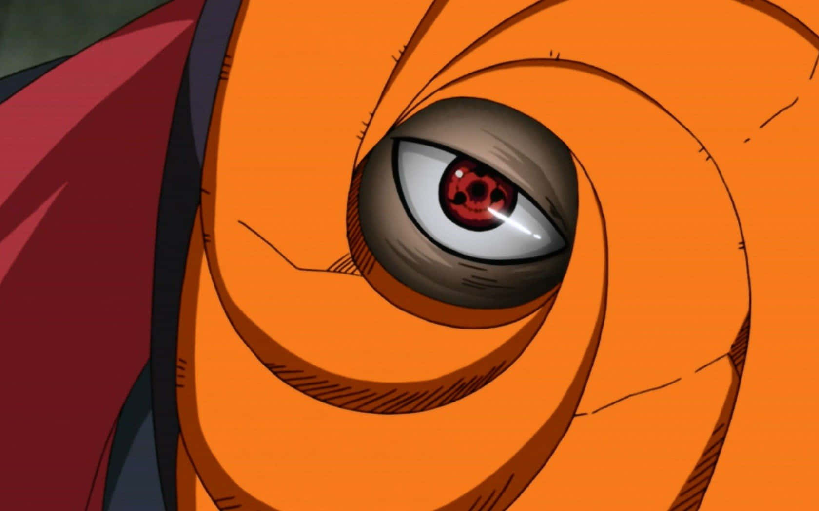 Akatsuki Ninja 桌布 壁紙 — 一個動漫角色強烈橙色眼睛的特寫，瞳孔中旋轉著紅色巴紋圖案。