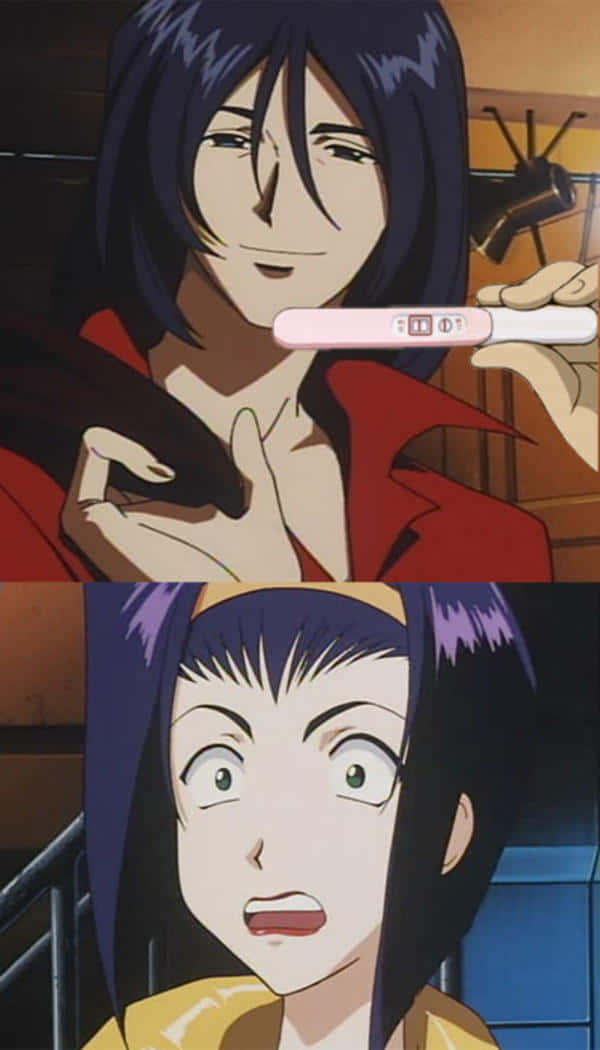 Cowboy Bebop Gren 桌布 壁紙 — 一個動漫角色拿著陽性懷孕測試，而另一個角色在下方震驚反應。