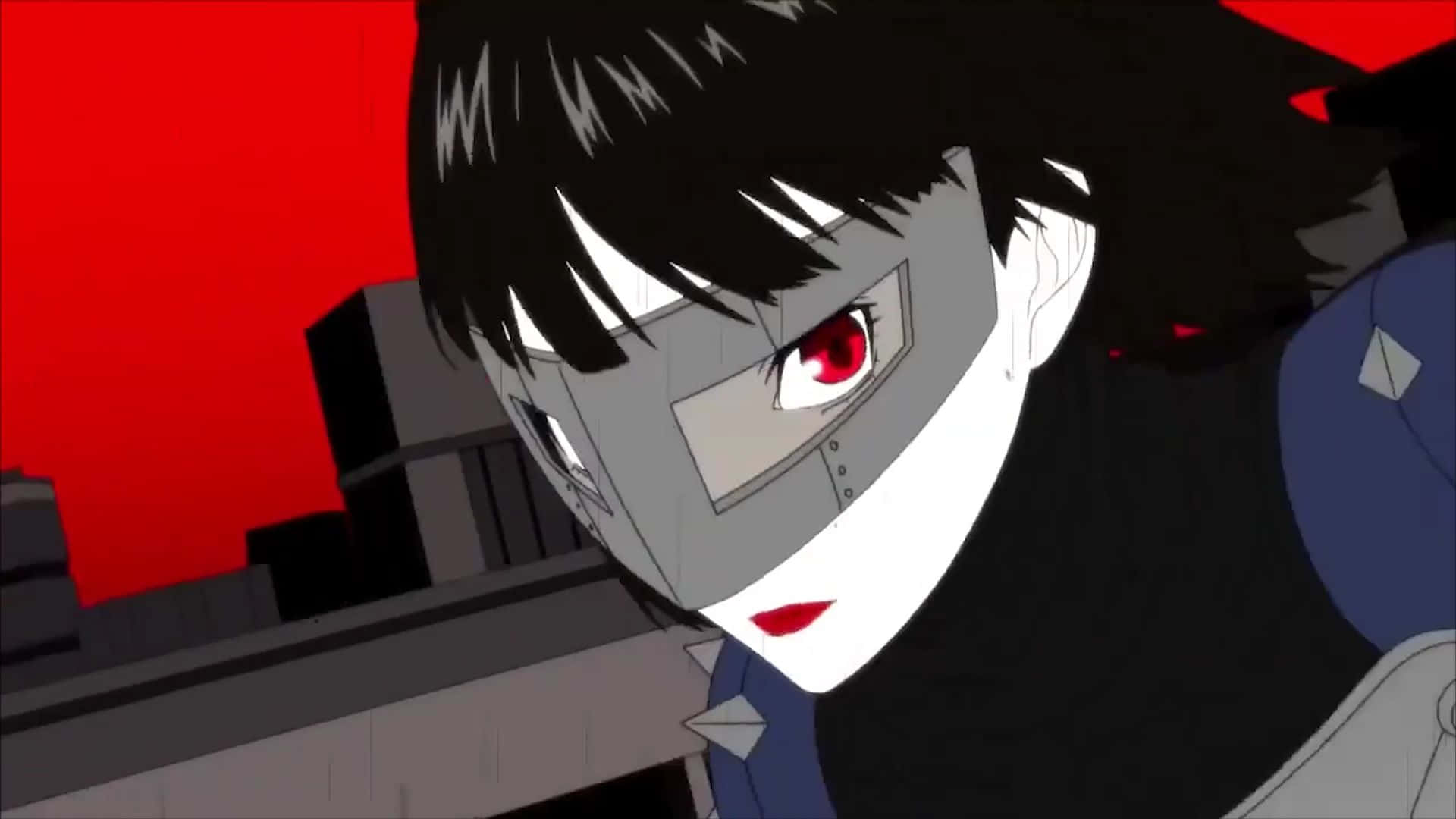 Persona 5 Strikers 桌布 壁紙 — 一個動漫角色的特寫，戴著金屬面具和紅色眼睛，在鮮紅的天空下強烈凝視。
