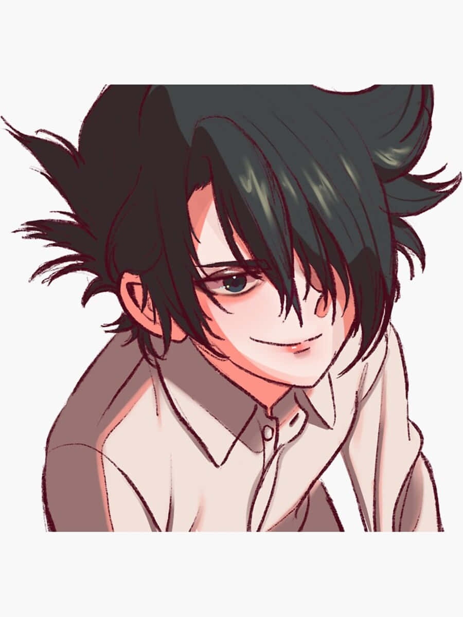 The Promised Neverland Ray 桌布 壁紙 — 一個動漫角色的特寫，擁有刺刺的黑髮和溫柔的微笑，穿著淺色襯衫。
