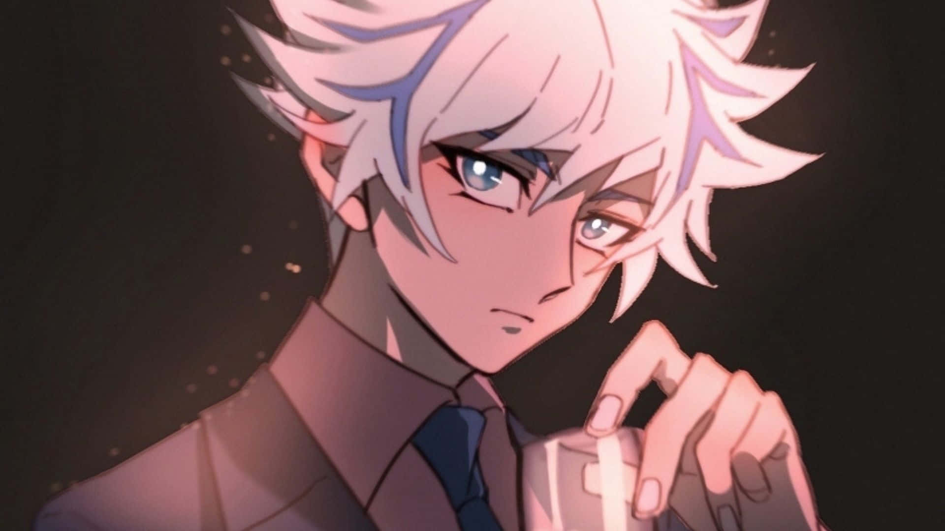 Ryoken Kogami 桌布 壁紙 — 一個動漫角色的特寫，擁有尖刺白髮和藍色眼睛，穿著西裝，背景為深色。