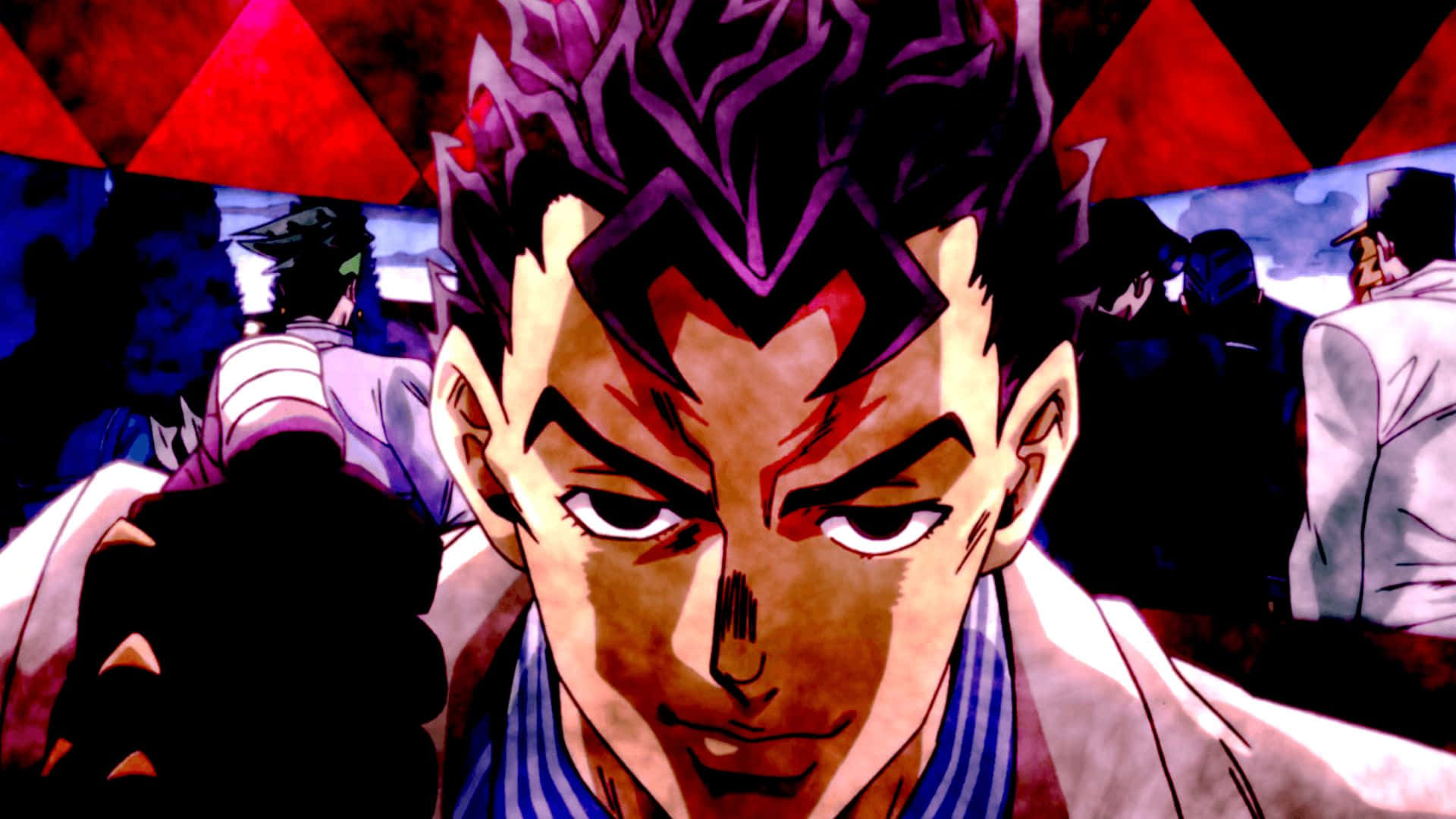 Kira Yoshikage 桌布 壁紙 — 一個動漫角色的特寫，擁有尖刺頭髮和銳利的眼睛，在紅色三角形背景前直視前方。