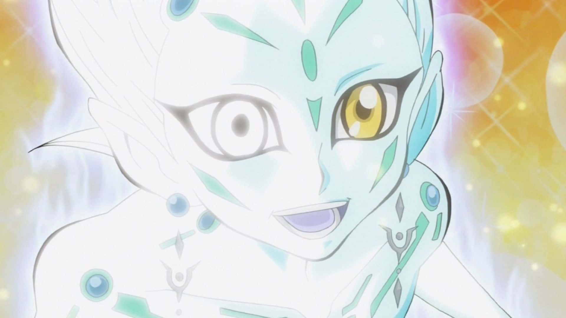 Yu-gi-oh Astral 桌布 壁紙 — 一個動漫角色的特寫，擁有淡藍色皮膚、發光的青綠色紋路和一隻金色的眼睛，背景是明亮的黃色。