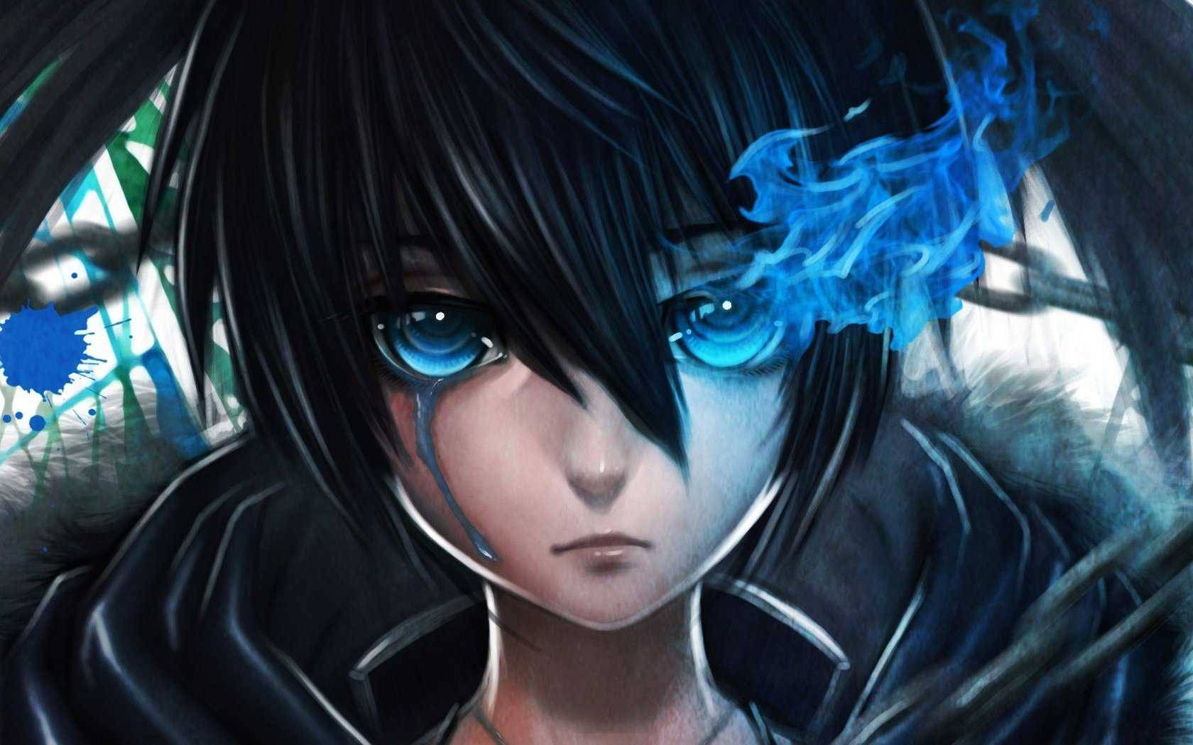 Anime PFP 桌布 壁紙 — 一個動漫角色的特寫，擁有發光的藍色眼睛和藍色煙霧在他們的臉周圍旋轉，背景是塗鴉。