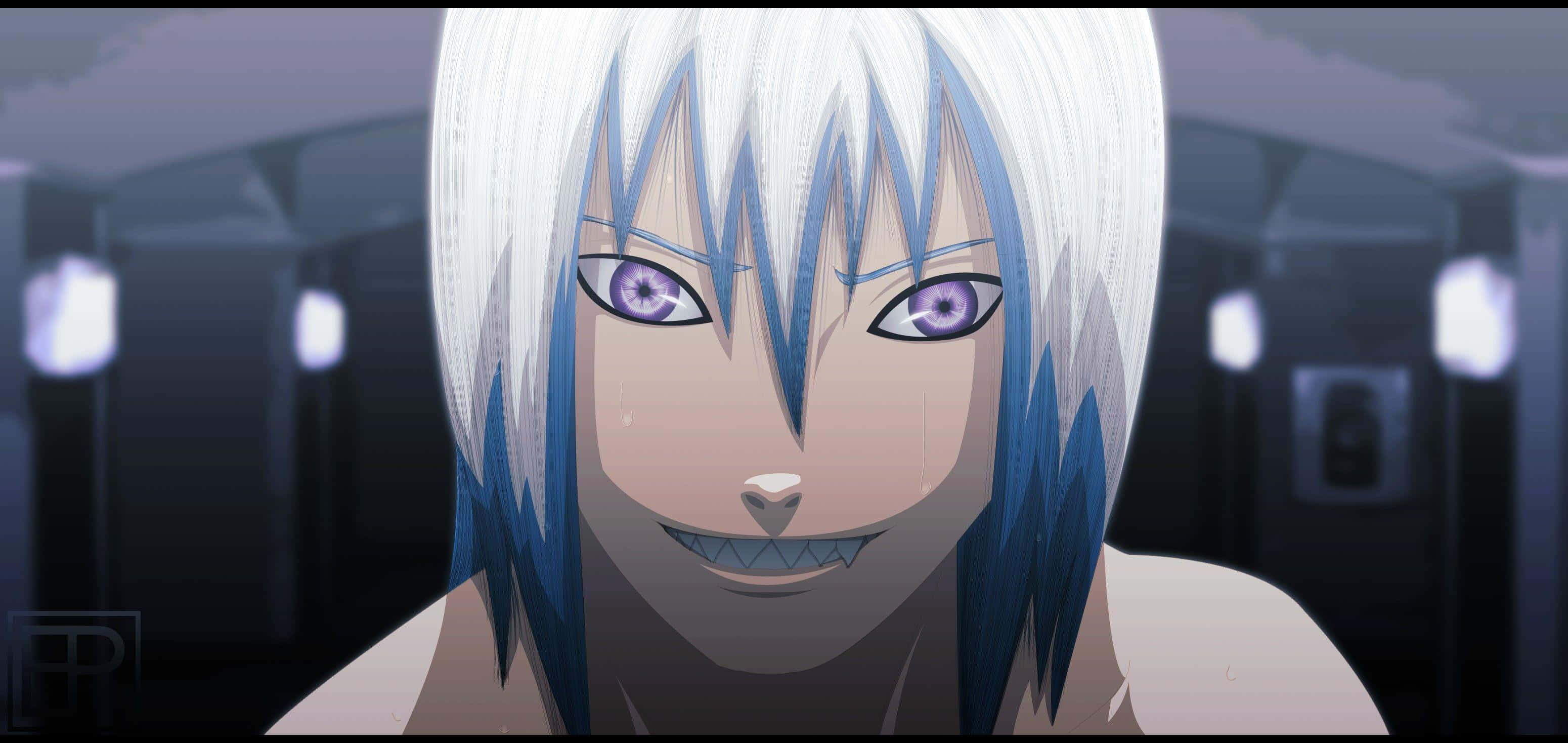 Suigetsu Hozuki 桌布 壁紙 — 一個動漫角色的特寫，擁有白色和藍色頭髮以及銳利的紫色眼睛，在昏暗的走廊中帶著威脅的笑容。