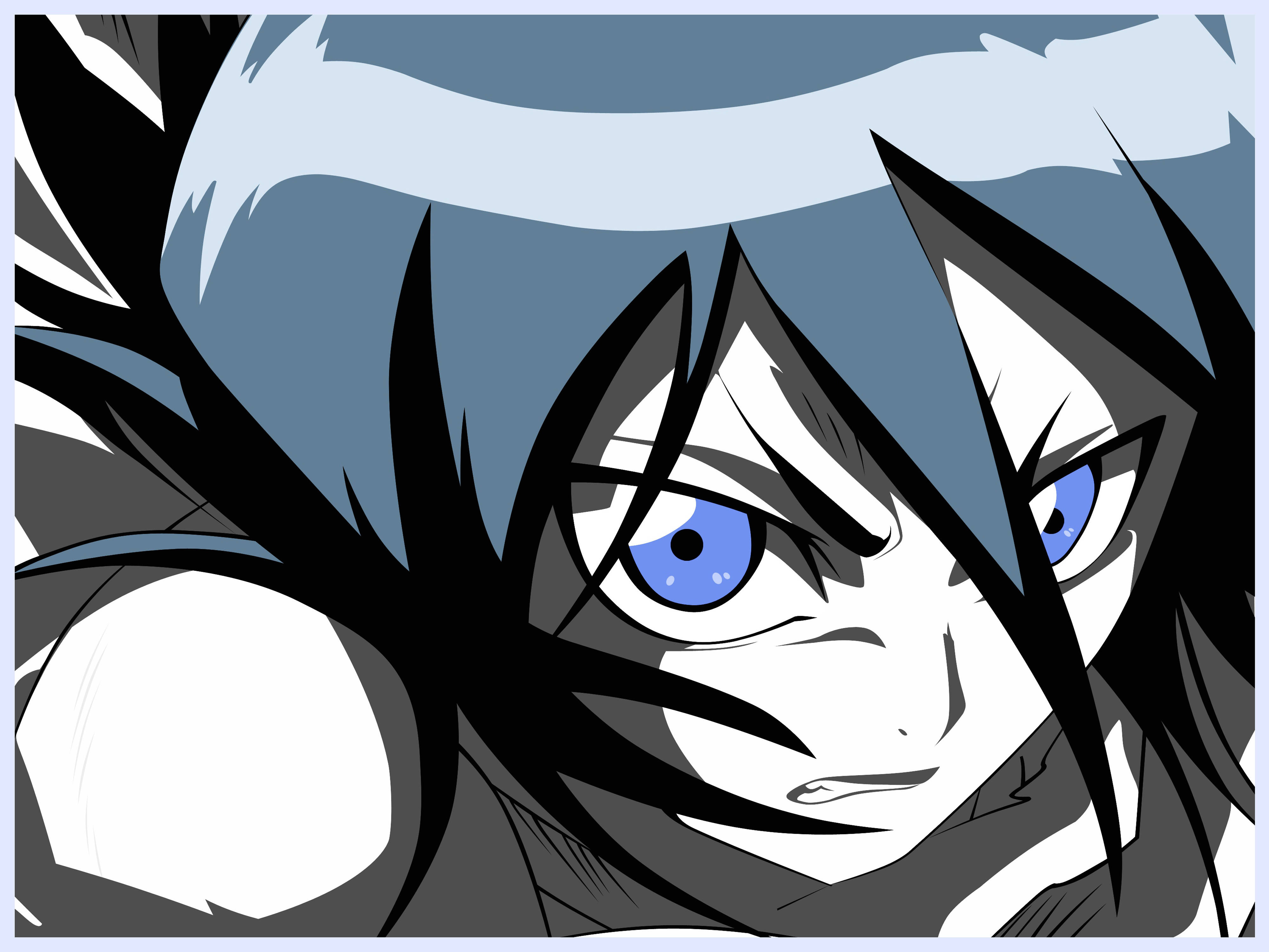 Bleach Anime 桌布 壁紙 — 一個動漫角色的特寫，擁有銳利的藍色眼睛和尖刺的藍色頭髮，在柔和的灰色背景下強烈地凝視。