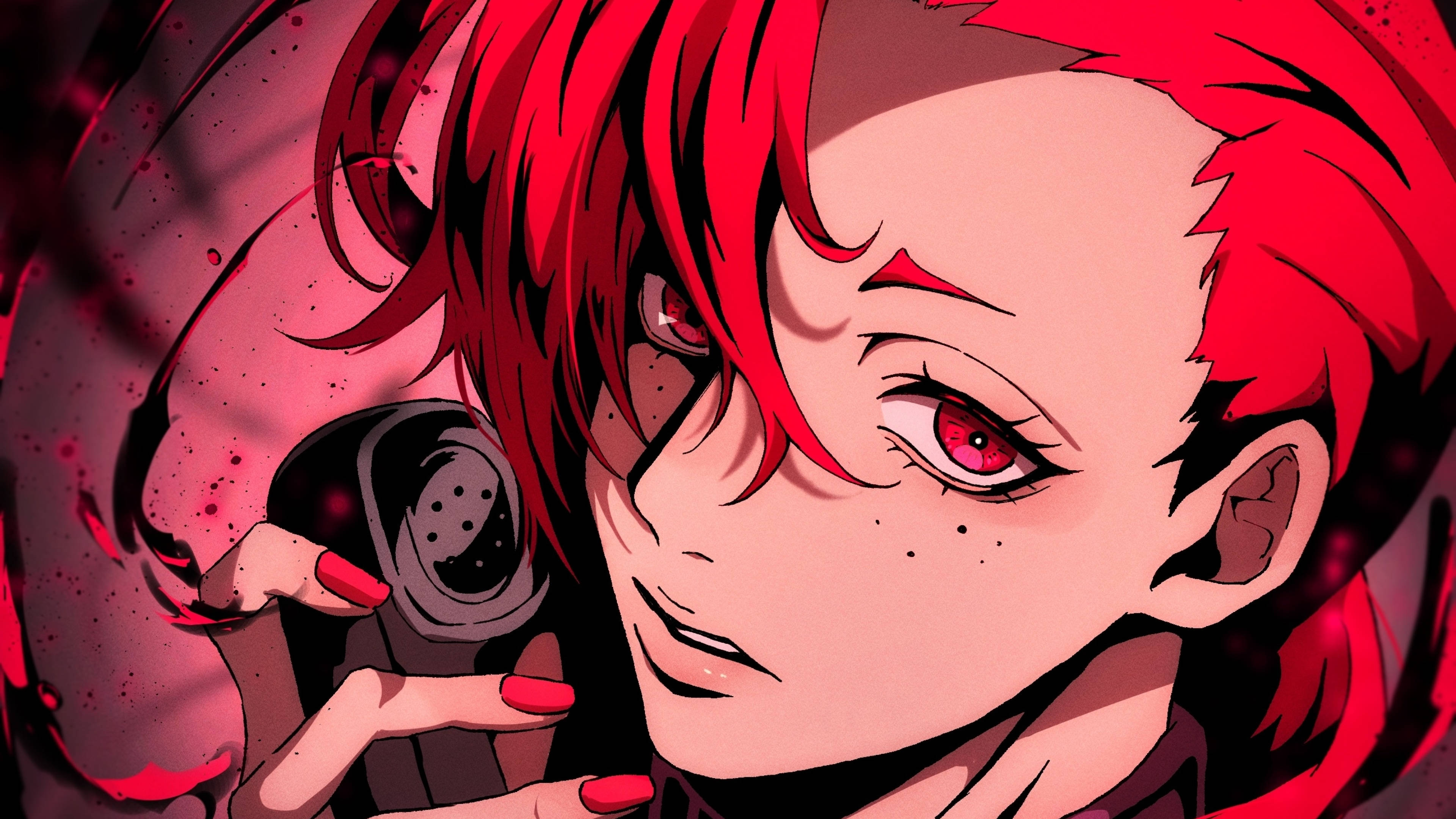 Jojo 4K Trish Una 壁紙 — 一個動漫角色的特寫，擁有鮮豔的紅髮和紅眼睛，在旋轉的紅色背景前拿著手機。