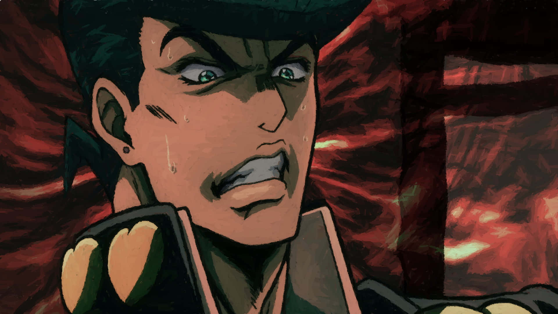 Josuke Higashikata 桌布 壁紙 — 一個動漫角色的特寫，有著強烈的綠色眼睛和汗珠，在火紅的背景前兇猛地凝視。
