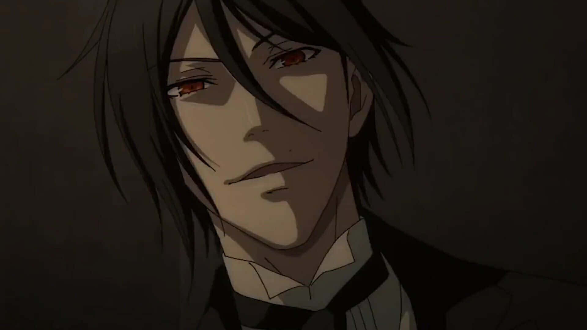sebastian michaelis 桌布 壁紙 — 一個動漫角色的特寫，黑髮紅眼，穿著正式西裝，處於昏暗燈光下。