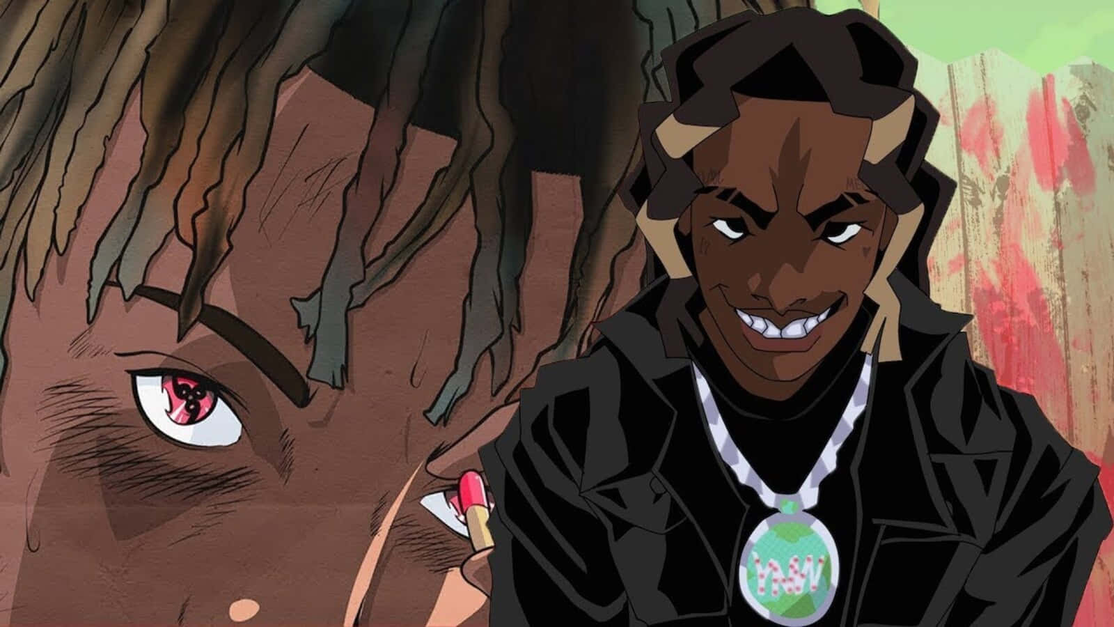 Ynw Melly Cartoon 桌布 壁紙 — 一個動漫風格嘅肖像，一個笑緊嘅男人，有辮子同發光吊墜，背景係塗鴉牆。