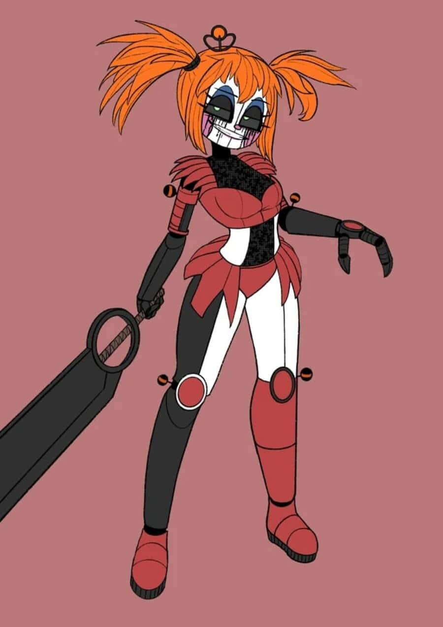 Scrap Baby 桌布 壁紙 — 一個動漫風格女孩，橙色雙馬尾，骷髏臉，在柔和的粉紅色背景上手持一把大劍。