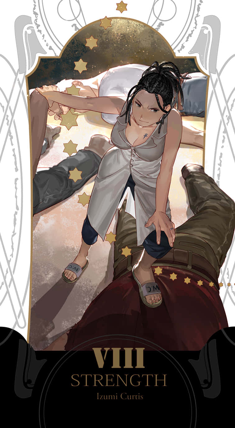 Izumi Curtis 桌布 壁紙 — 一個動漫風格的插圖，描繪一名女子跪在一個俯臥的男子身上，金色星星在他們周圍漂浮，位於一個華麗的拱門內。