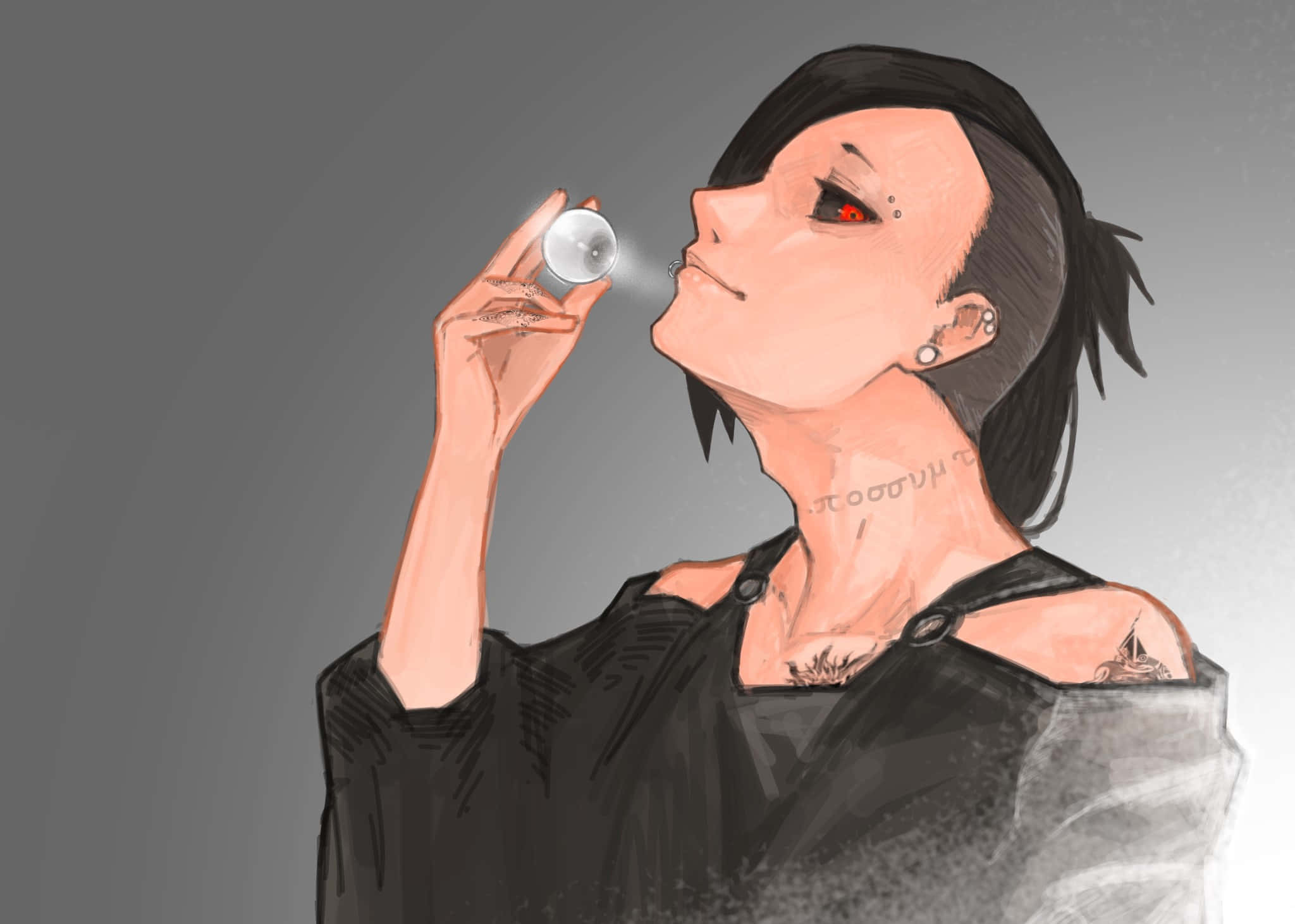 Tokyo Ghoul Uta 桌布 壁紙 — 一個動漫風格的角色，紅眼睛和紋身，在灰色漸變背景前從透明電子煙筆吸入蒸氣。