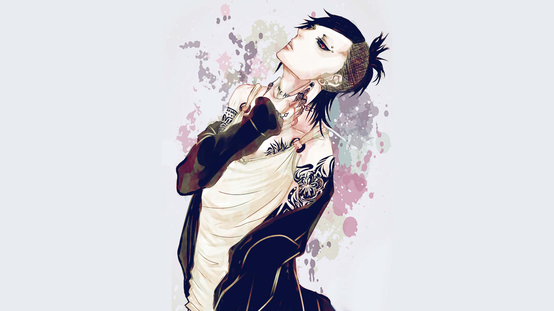 Tokyo Ghoul Uta 桌布 壁紙 — 一個動漫風格的角色，身上有紋身和頭巾，在色彩斑斕的粉彩背景上向上凝視。