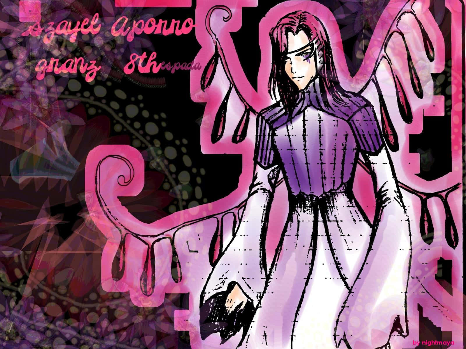 Szayelaporro Granz 桌布 壁紙 — 一個動漫風格的角色，長著深色長髮和粉紅色翅膀，站在充滿活力的粉紅色和紫色抽象背景前。