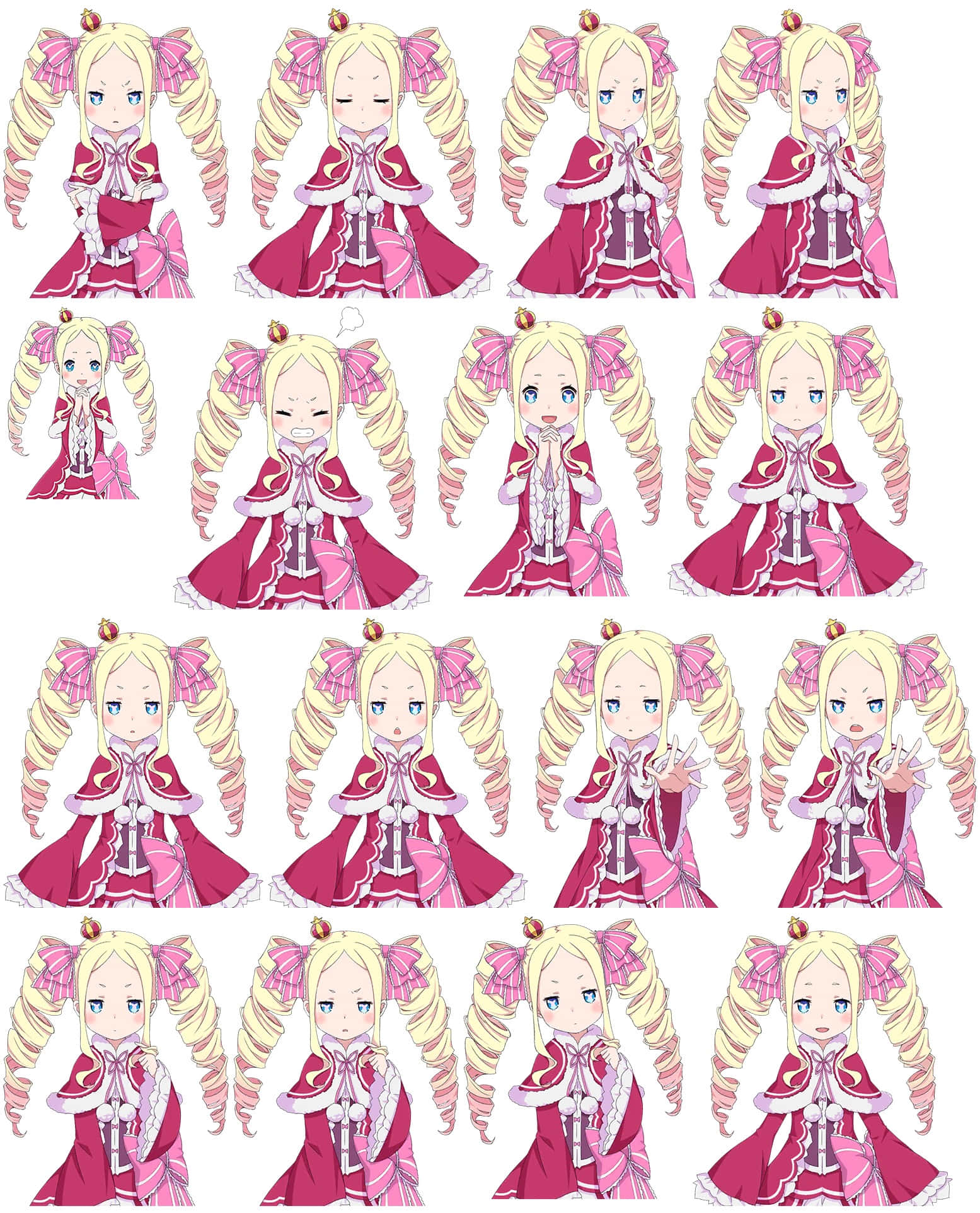 Re Zero Beatrice 桌布 壁紙 — 一個動漫風格角色精靈網格，展示一位金髮女孩穿著粉紅色和紅色連衣裙，有多種面部表情。