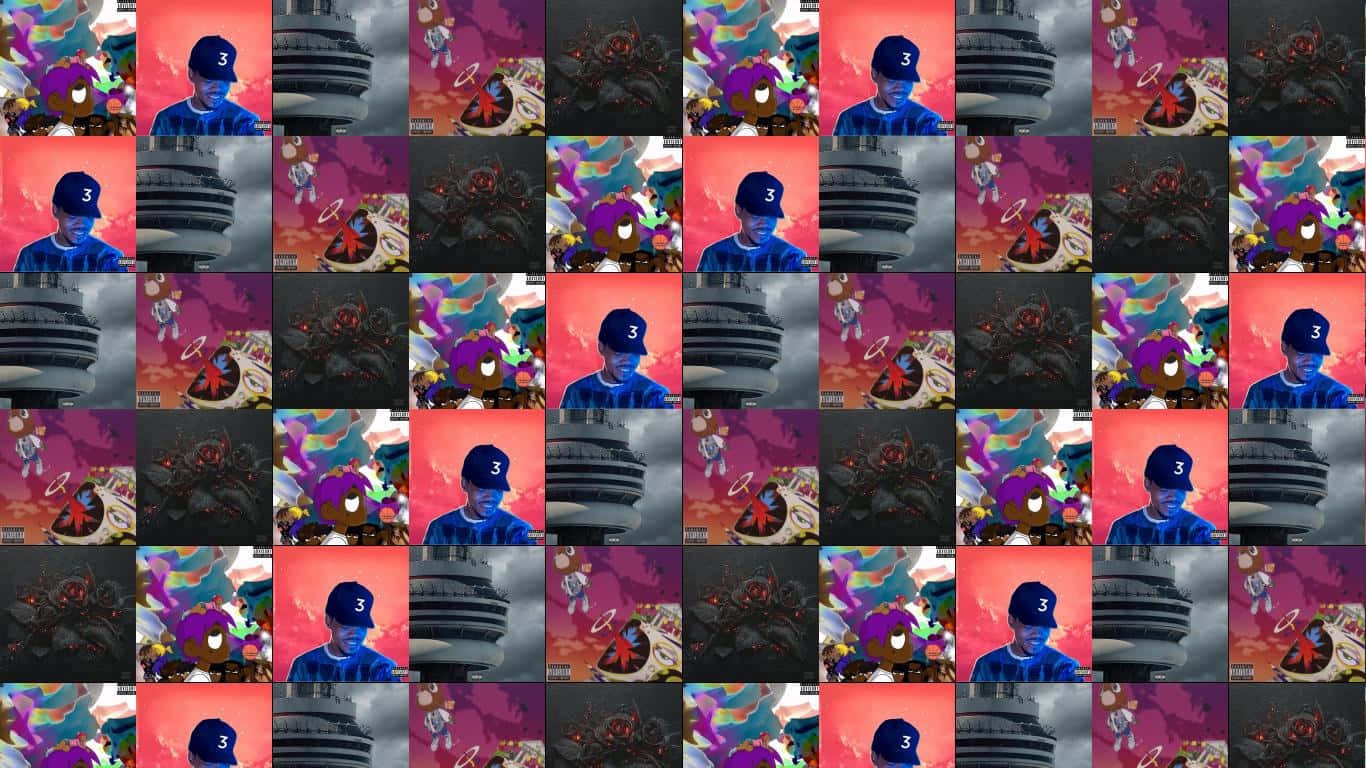 Lil Uzi Vert 桌布 壁紙 — 一個動漫風格面板的網格，顯示一個戴藍色帽子的男孩站在黑暗塔樓旁，背景是充滿活力的粉紅色和紫色天空。