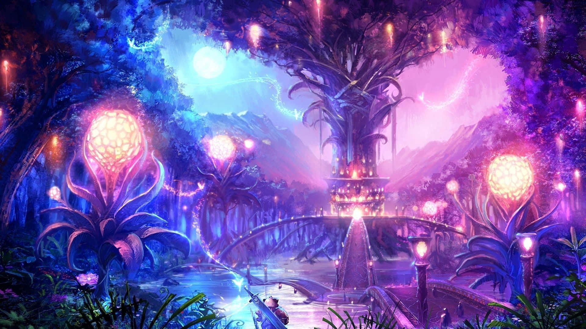 一個包含瀑布和樹木的奇幻場景 壁紙